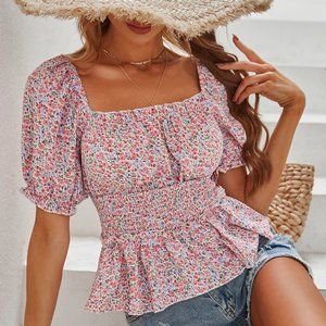 Ditsy Floral Smocked Flounce Sleeve Peplum Blouse